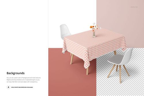 Tablecloth mockup featuring a pink and white gingham pattern on a rectangular table, with chairs and floral centerpiece.