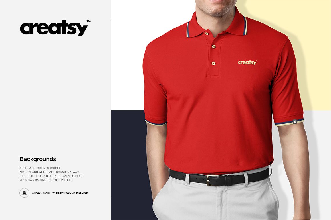 Front view of a red polo shirt mockup worn by a male model, featuring short sleeves and a buttoned collar.