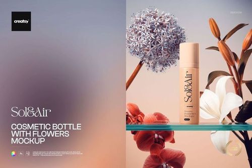 Cosmetic bottle mockup displayed on a transparent shelf with decorative flowers and a light gradient backdrop.