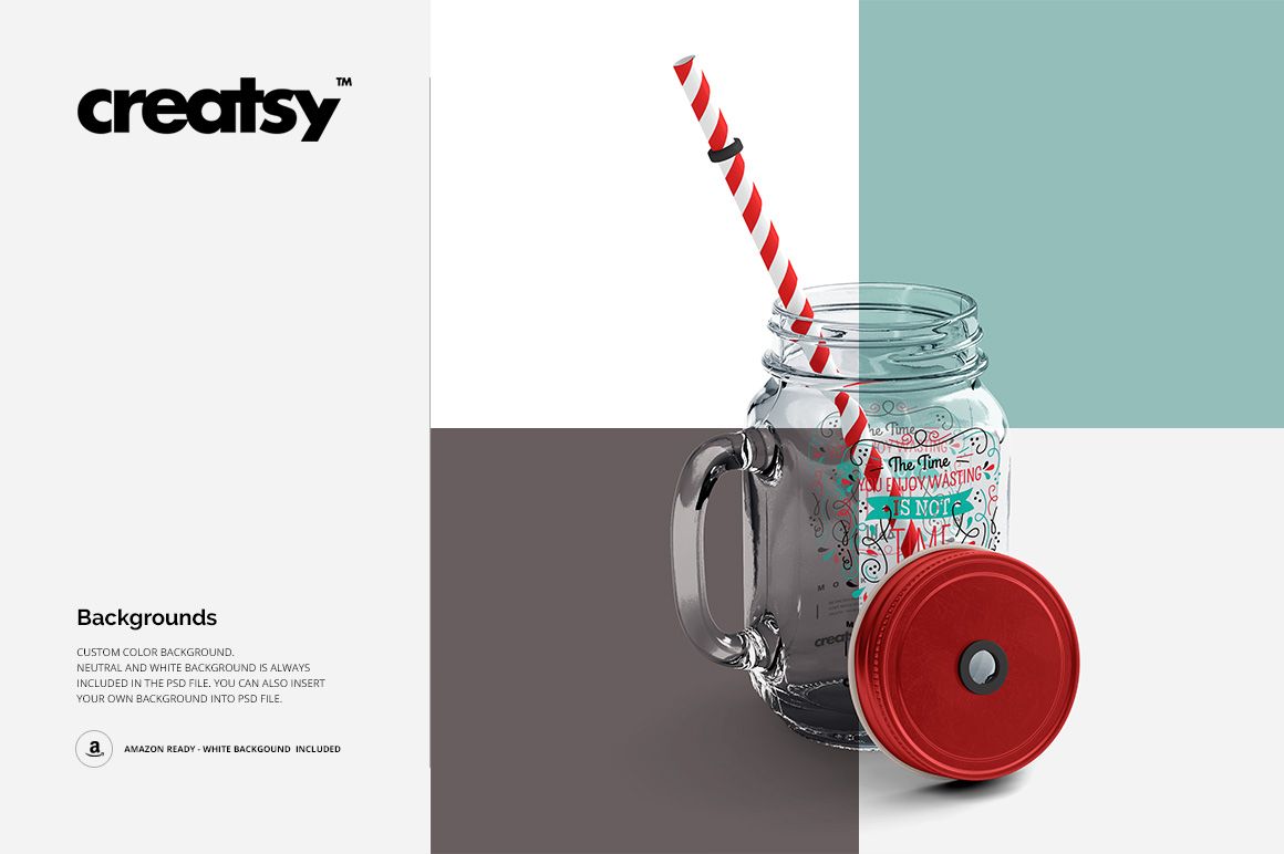 Clear mason jar mockup with handle, red lid, and striped straw on a geometric color block background, front view.