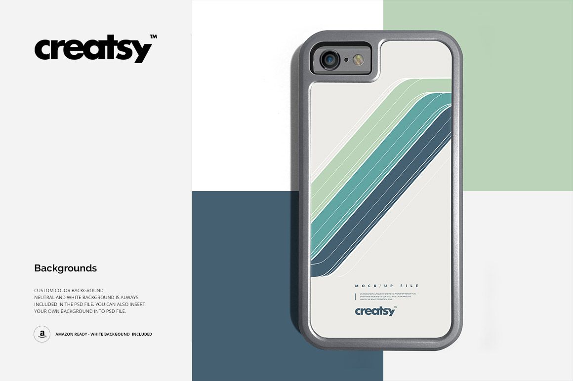 Front view of an iPhone bumper case mockup with a silver frame and geometric green and blue lines on a white background.
