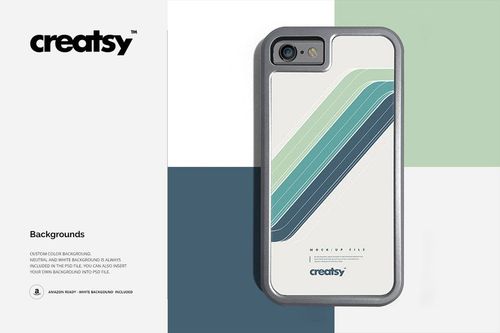 Front view of an iPhone bumper case mockup with a silver frame and geometric green and blue lines on a white background.