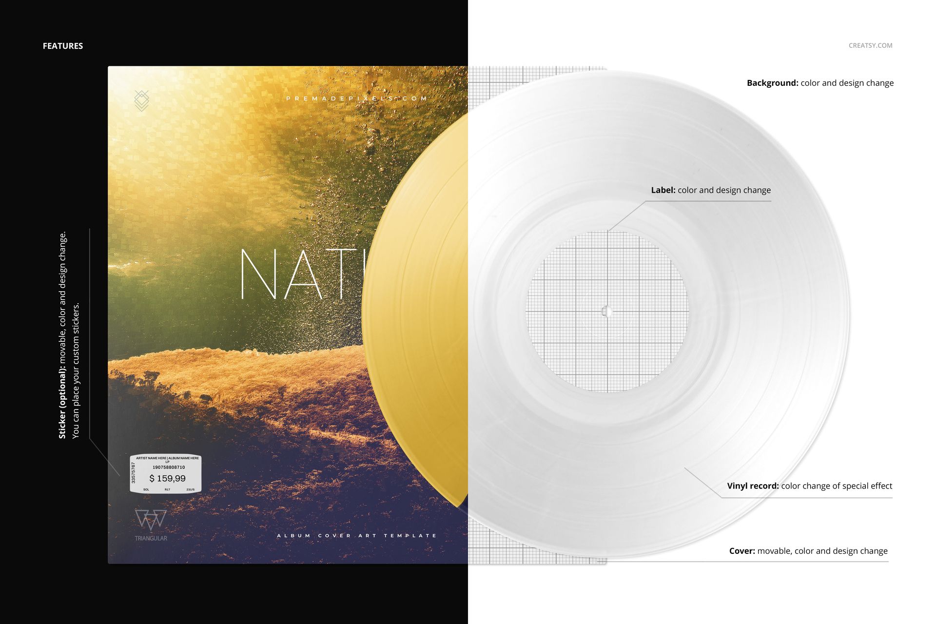 Front view of a split effect vinyl record mockup showing a yellow record and cover design on the left, with a white PSD mockup template on the right.