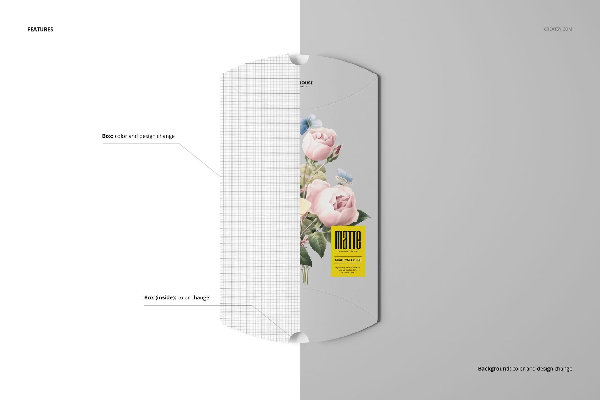 Matte pillow box mockup shown from top view, featuring a floral design on one half and grid pattern on the other.