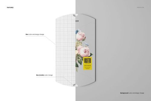Matte pillow box mockup shown from top view, featuring a floral design on one half and grid pattern on the other.