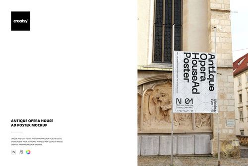 Antique opera house poster mockup displayed on a metal stand outdoors, with stone architecture in the background.