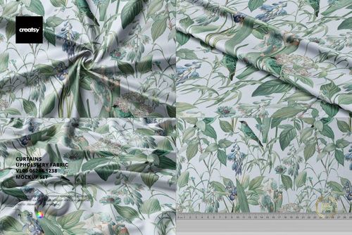Curtains upholstery fabric mockup featuring a botanical pattern with birds and leaves in soft green and blue tones.