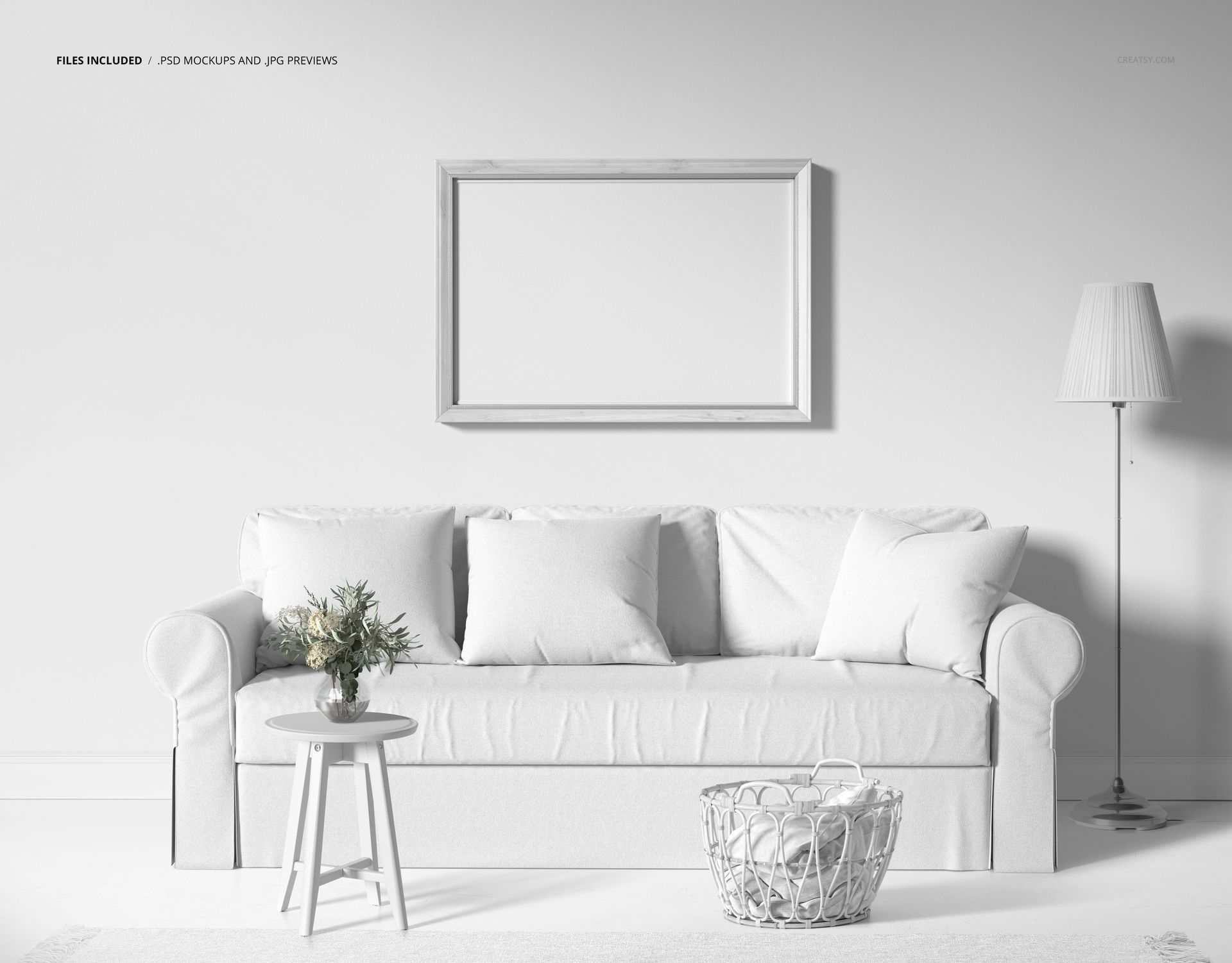 Front view of a skirted sofa with pillows in a neutral living room, featuring a framed wall mockup and minimal decor.