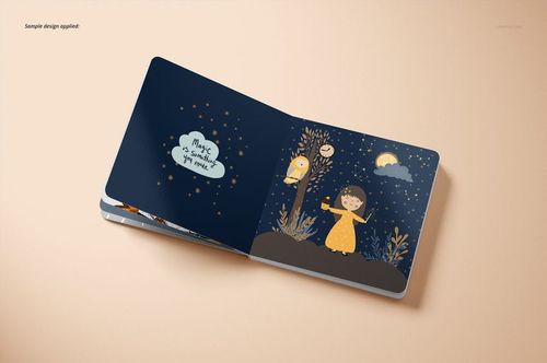 Open cardboard baby book mockup with illustrated night scene, featuring a child, stars, moon, and tree on dark pages.