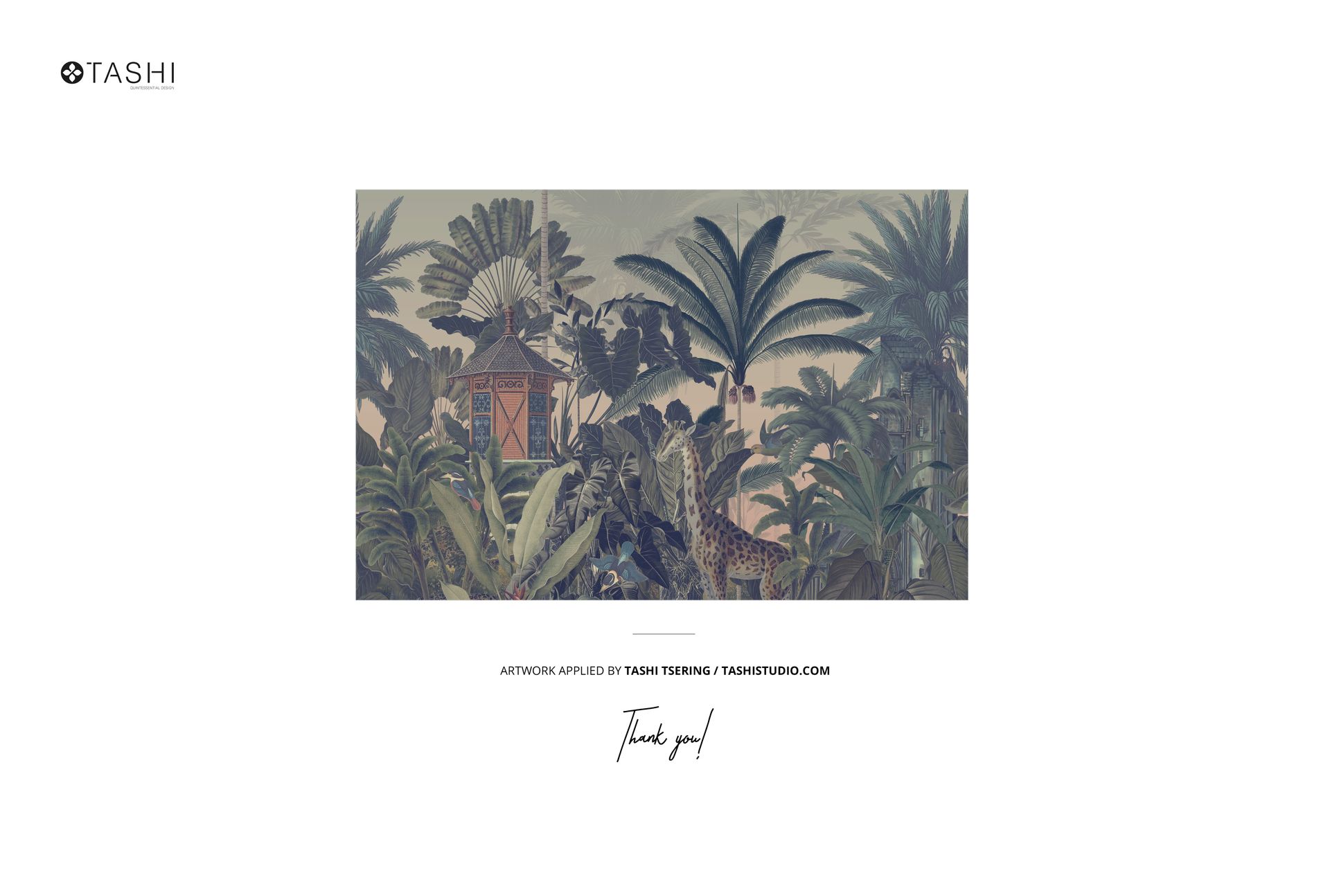 Front view of a leather notebook mockup featuring a tropical jungle illustration with lush green plants and a small gazebo.