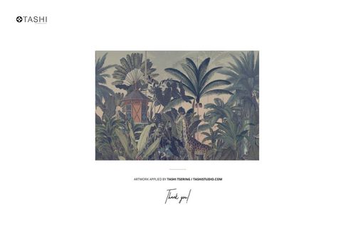 Front view of a leather notebook mockup featuring a tropical jungle illustration with lush green plants and a small gazebo.