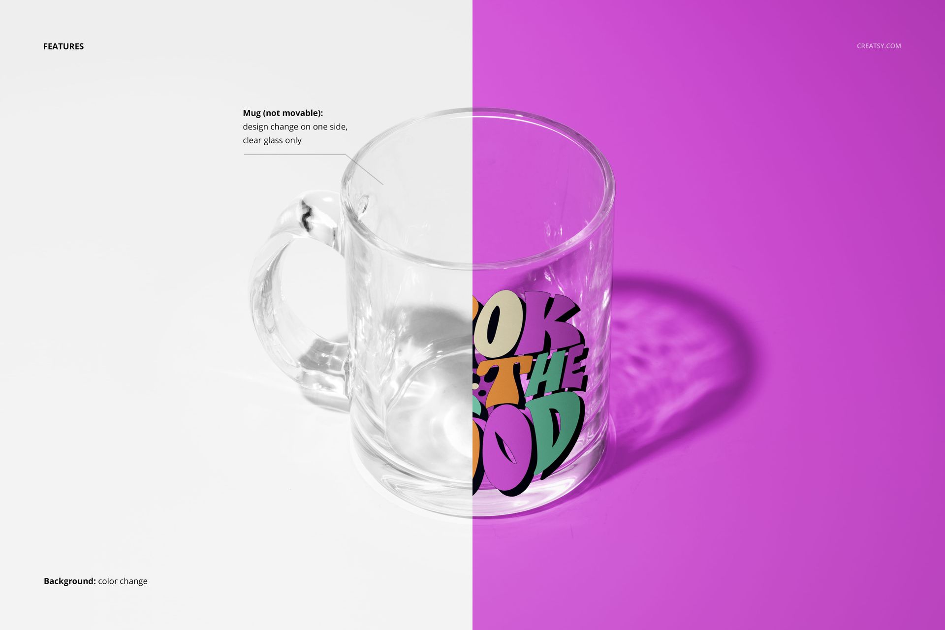 Transparent glass mug mockup shown from a top angle, with one half on a white background and the other half on a vibrant purple background.