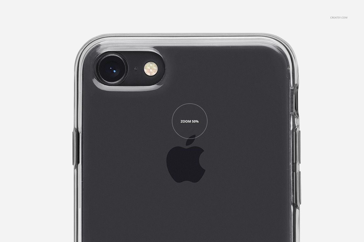 Clear iPhone 8 case mockup shown from the back, highlighting the transparent edges and camera cutout on a white background.