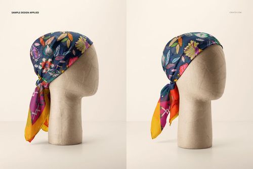 Mockup of a habotai silk scarf featuring vibrant multicolor designs displayed on a neutral mannequin head.