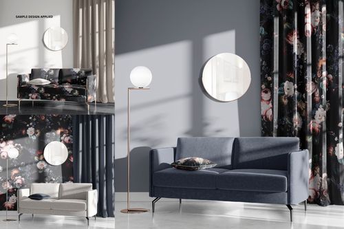 Contemporary living room mockup featuring a blue couch, round mirror, floral curtains, and a standing lamp.