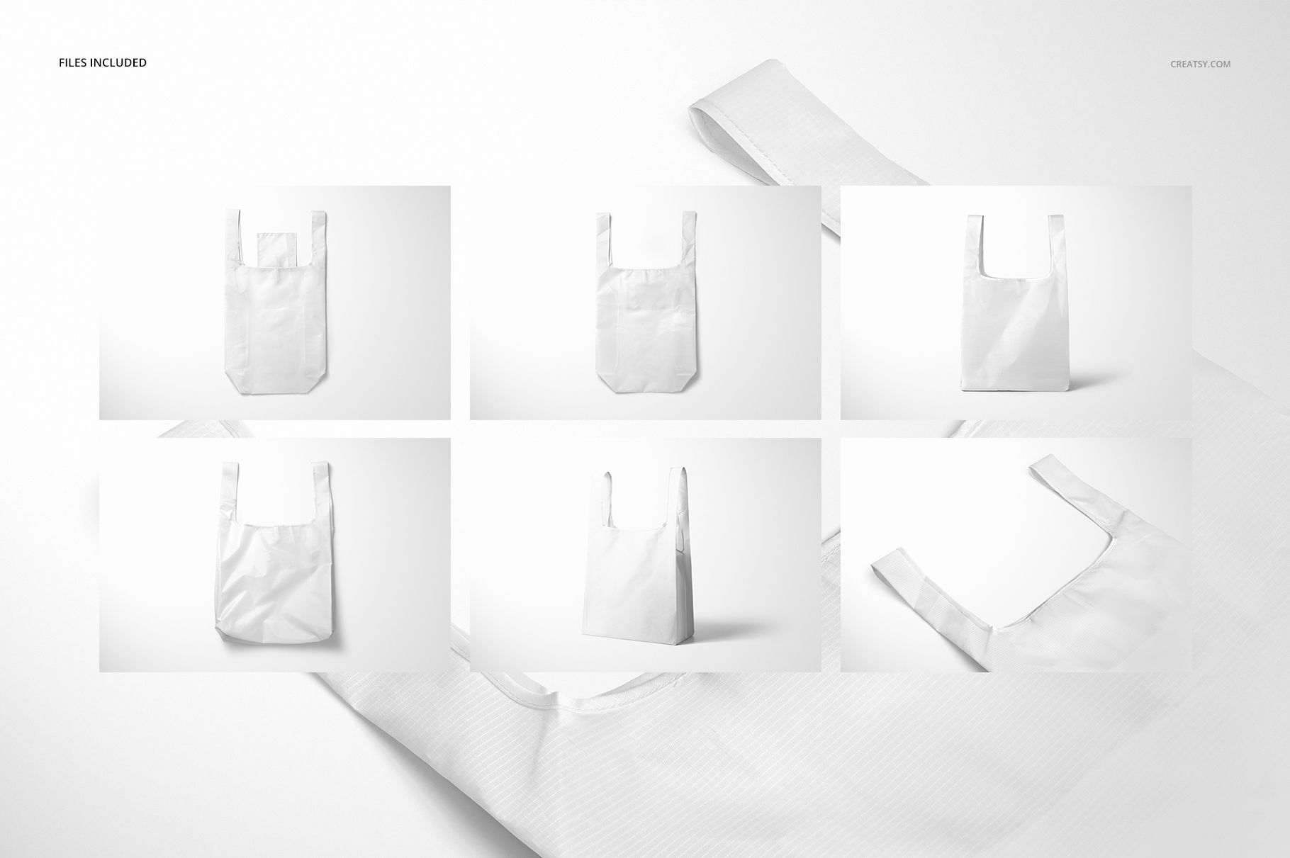 Ripstop reusable bag PSD mockup set featuring multiple perspectives of a plain white bag on a neutral surface.