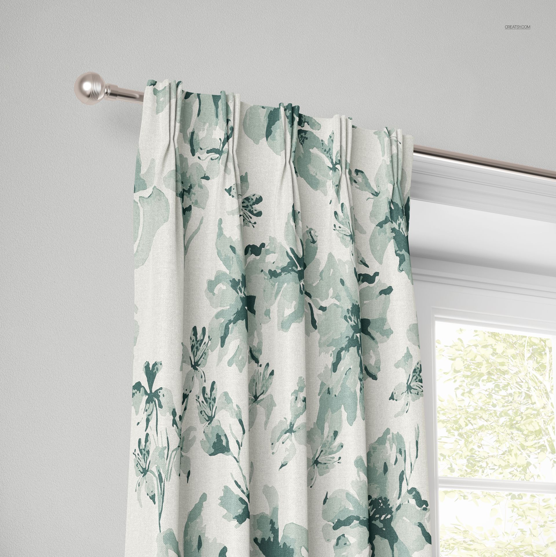 American pleat curtain mockup featuring soft green botanical print, displayed on a window with natural light.
