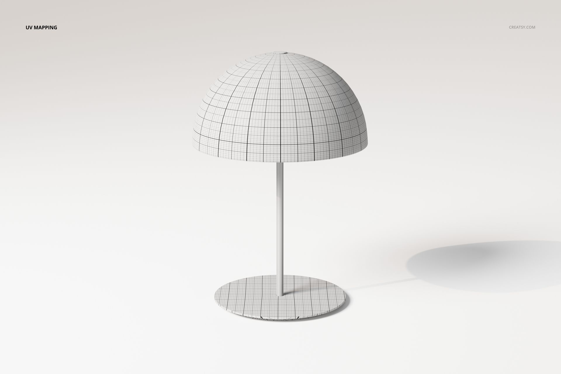 Front view of a dome-shaped lamp 3D model with a grid pattern, featuring a round base and minimalistic stand.