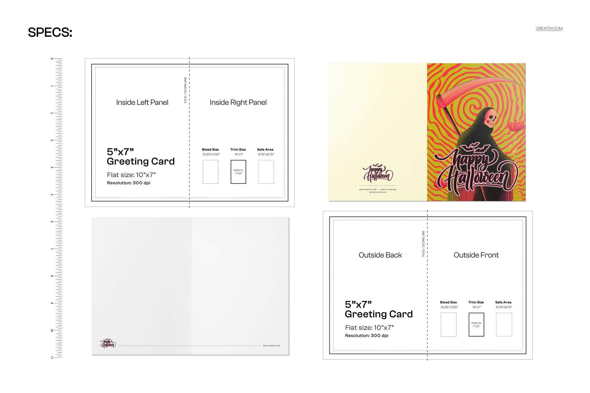 5x7 greeting card mockup template with vintage Halloween skeleton design, shown in flat and folded views with ruler.