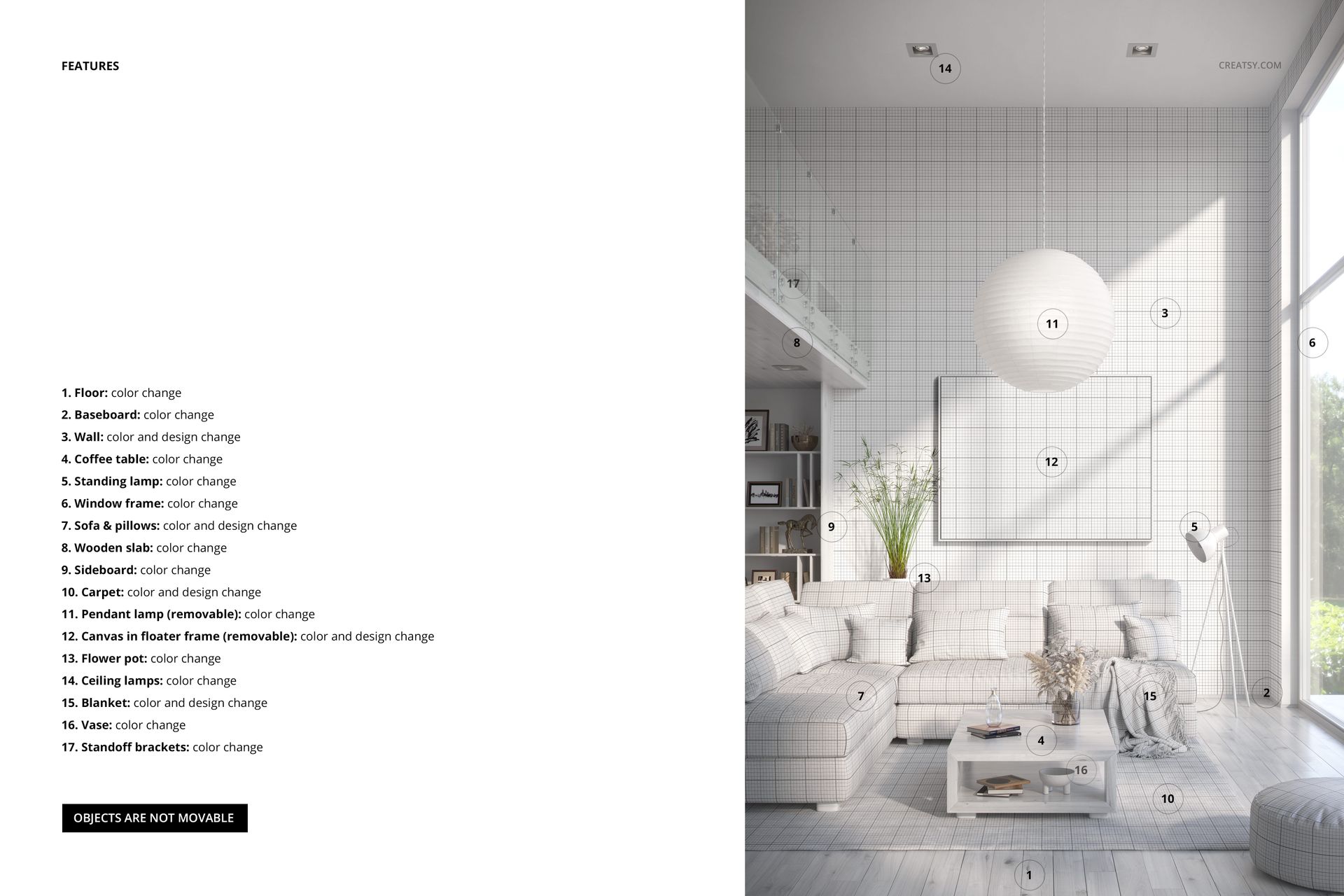 Front view of a modern Scandinavian living room mockup featuring a sofa, pillows, wall art, and light wood accents.