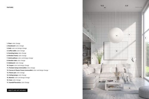 Front view of a modern Scandinavian living room mockup featuring a sofa, pillows, wall art, and light wood accents.