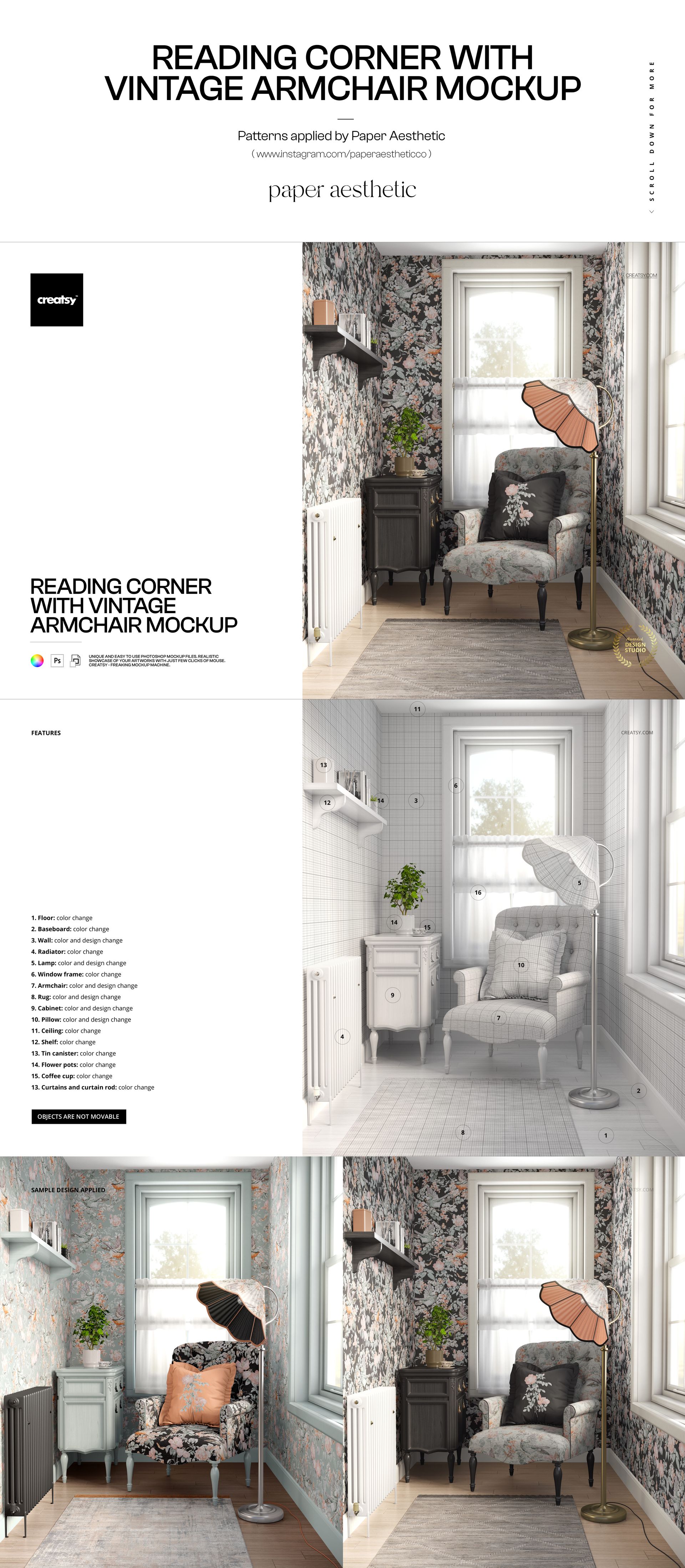 PSD mockup showing a vintage armchair with floral fabric, set against a botanical wallpaper in a bright living space.