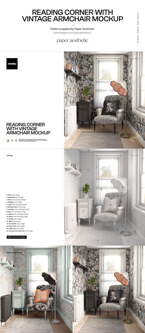 PSD mockup showing a vintage armchair with floral fabric, set against a botanical wallpaper in a bright living space.