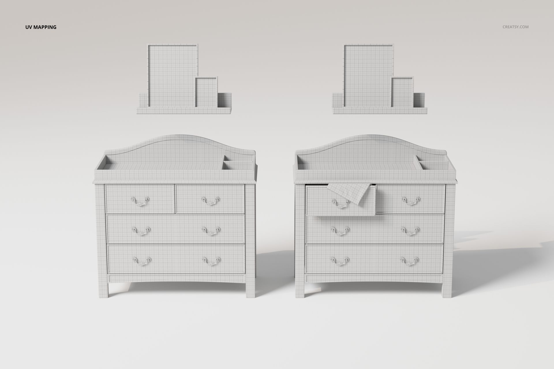 Front view of two 3D modeled baby nursery dressers with grid texture, each with three drawers and curved top edges.