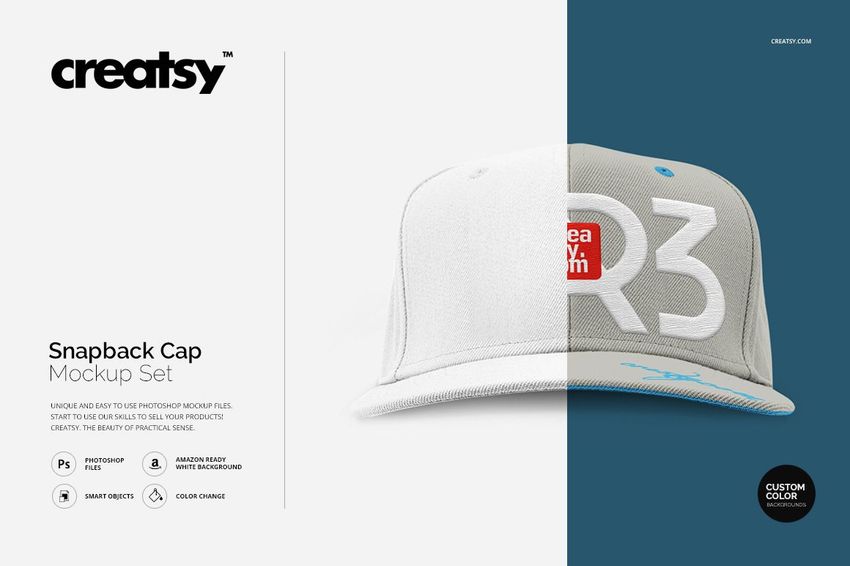 Front view of a gray snapback cap with white and blue accents displayed on a neutral background, PSD mockup style.