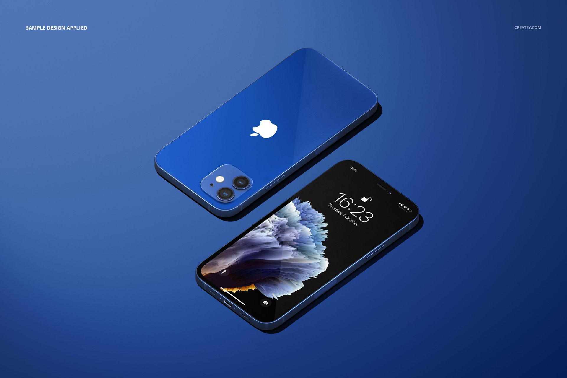 iPhone 12 mockup set featuring a pair of blue smartphones, one with a visible display and one with the back facing up.