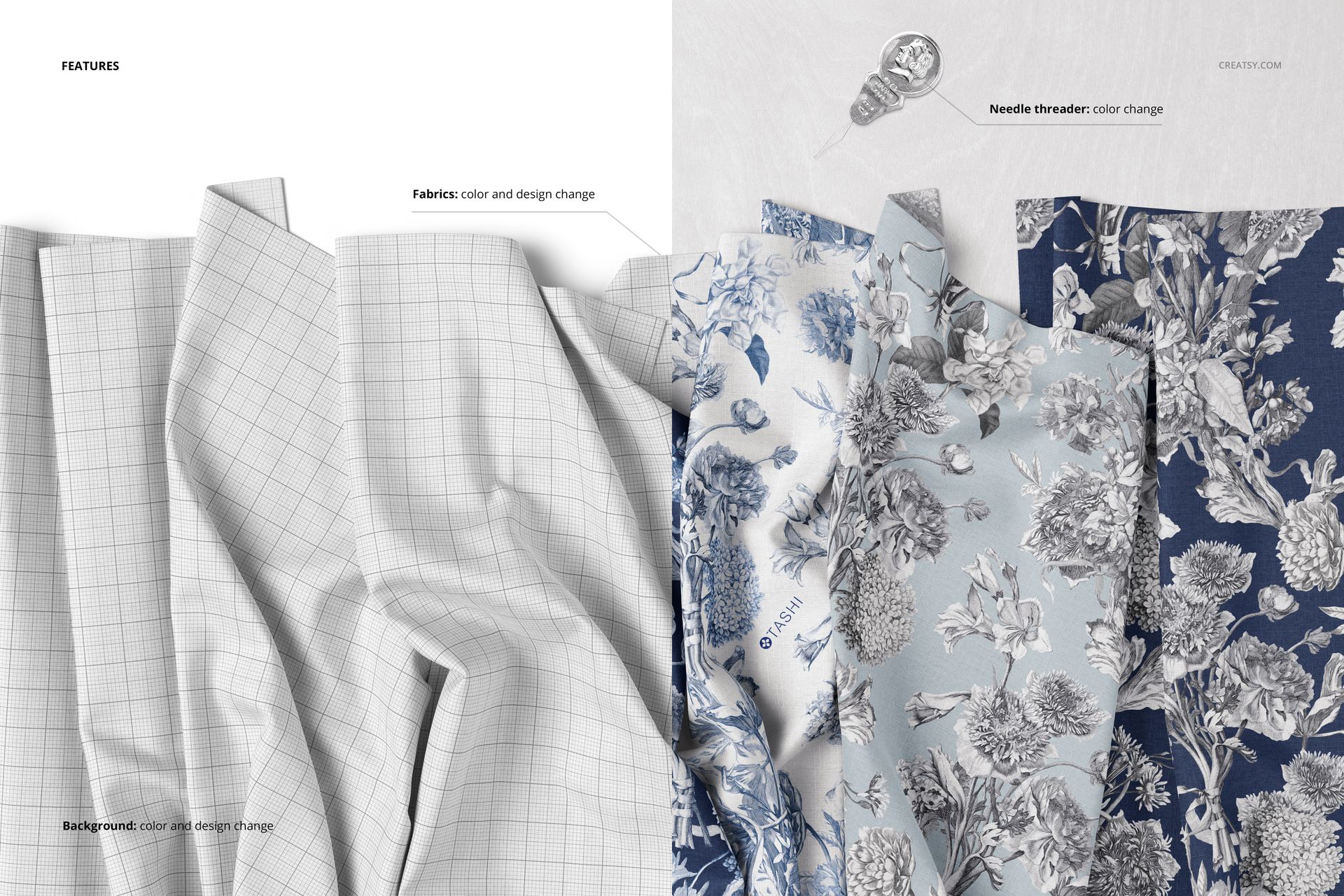 Creased fabric mockup showing two types of textiles, one with a grid pattern and others with blue floral designs, top view.