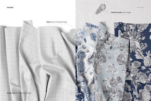 Creased fabric mockup showing two types of textiles, one with a grid pattern and others with blue floral designs, top view.