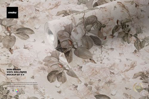 Front view of a non-woven vinyl wallpaper mockup featuring a delicate beige and green floral design on textured paper.