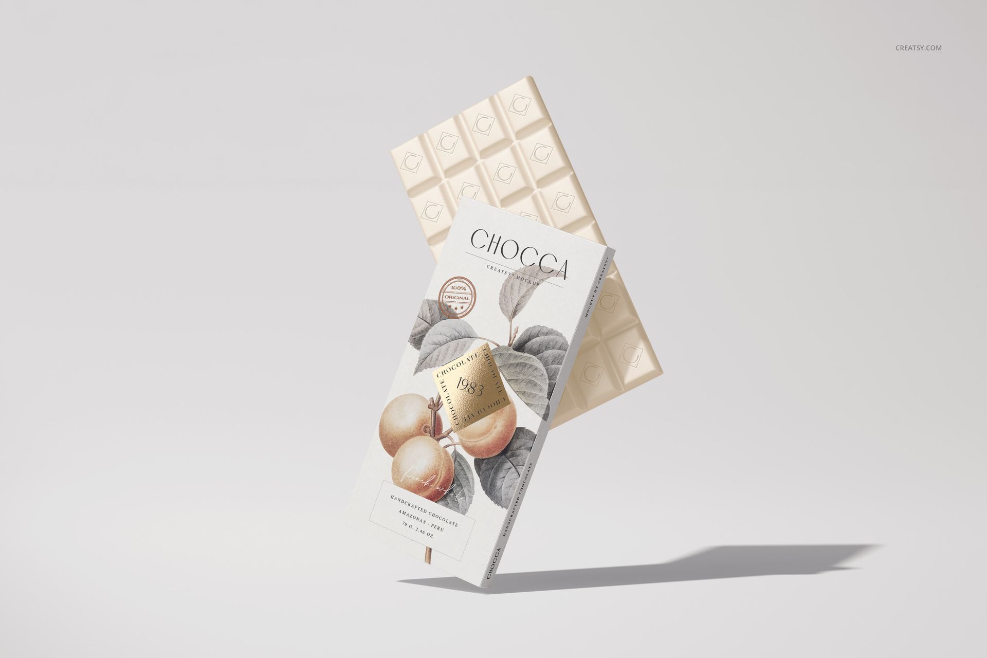 Chocolate bar packaging mockup with a botanical design, shown from a front angle on a light background.