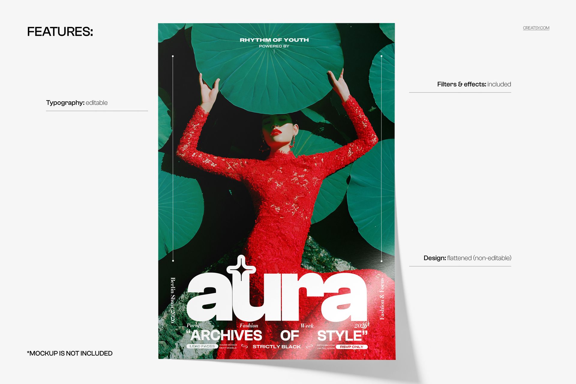 Front view of a poster mockup featuring a person in a bold red dress surrounded by large green leaves on a white background.