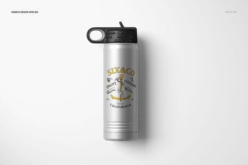 Top view of a 20 oz. stainless steel water bottle mockup with a black handle cap and printed anchor graphic.