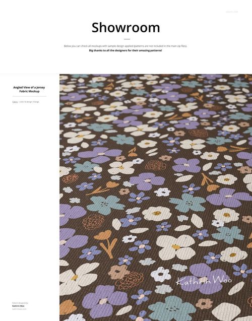 Close-up of patterned jersey fabric with scattered flowers in pastel colors, displayed in a PSD mockup scene.