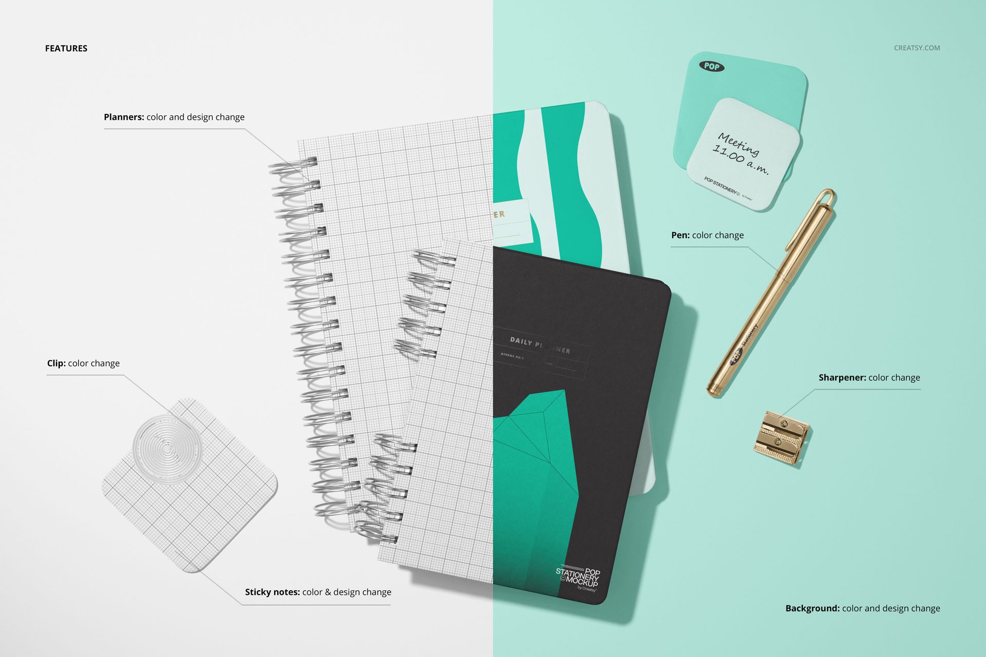 PSD mockup showing two spiral planners with grid and geometric designs, sticky notes, and desk accessories from above.