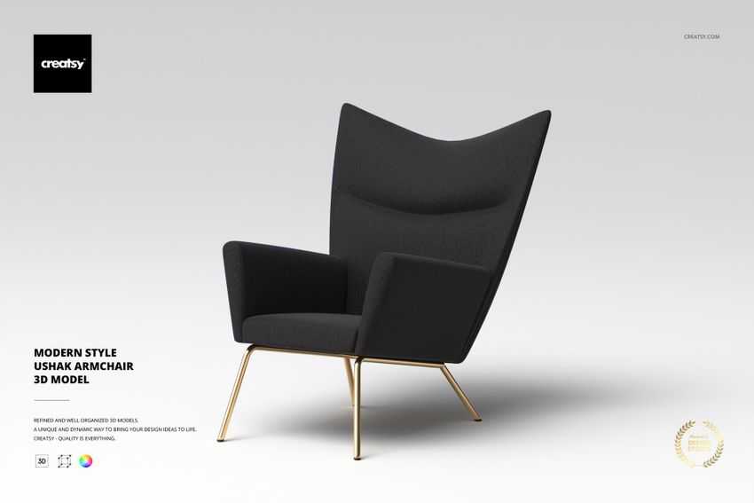 Modern style armchair with wide, angular backrest and black upholstery, shown from a front angle on a light background.