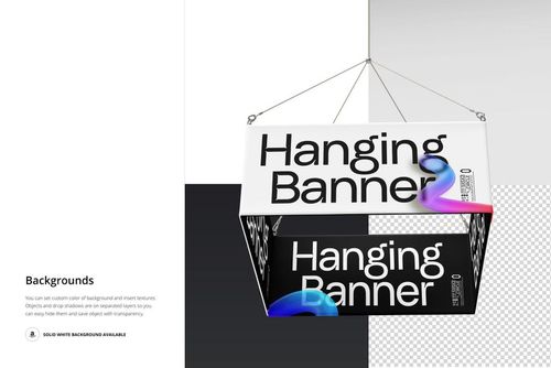 Square hanging display banner mockup shown from a front angle, featuring black and white panels with bold text.