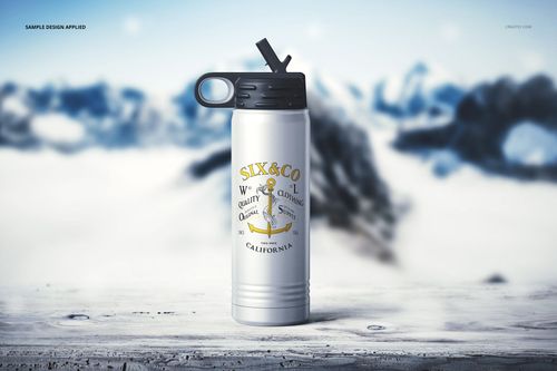 20 oz. stainless steel water bottle mockup featuring a printed label, black lid, and wintry outdoor scenery.