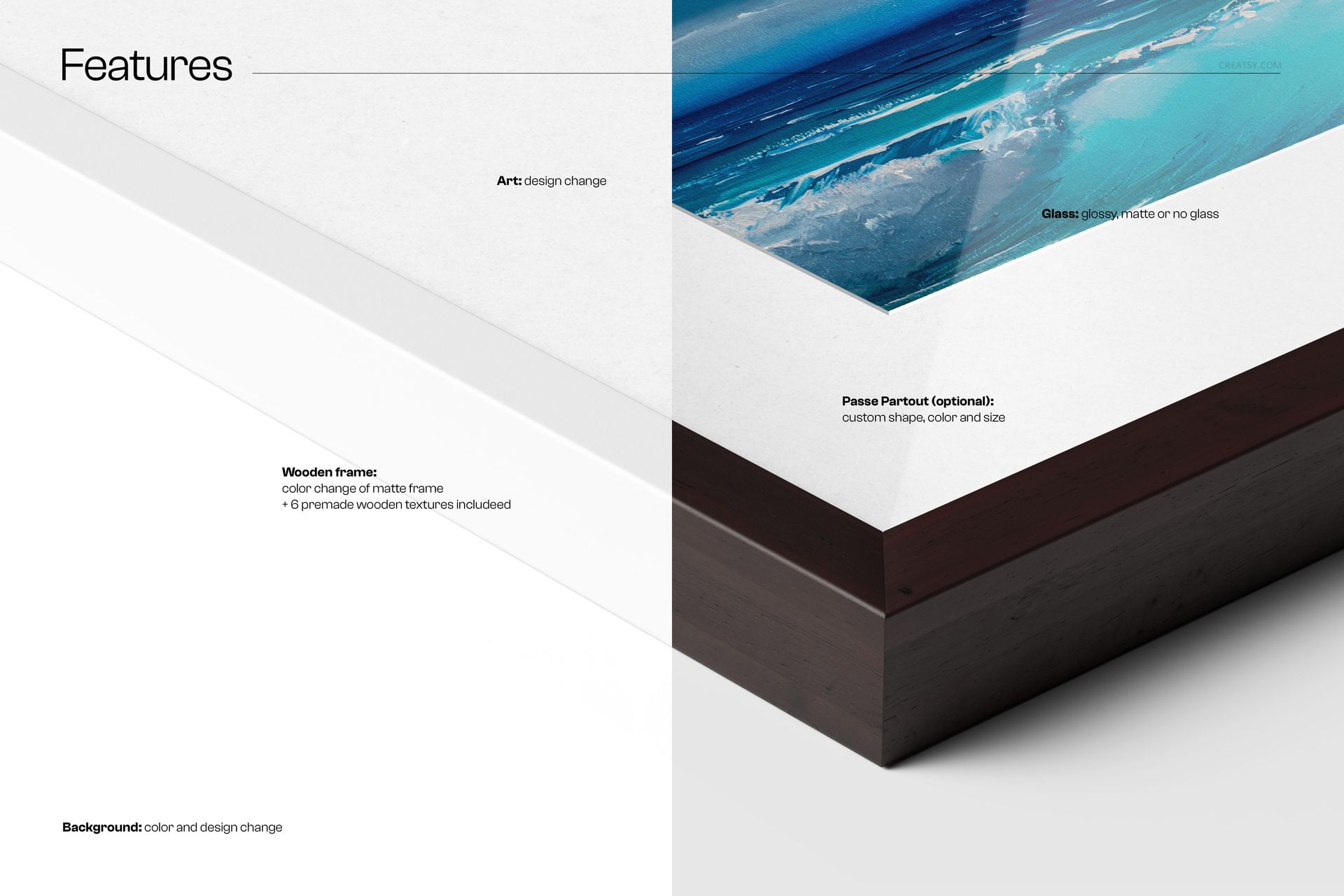 Closeup view of a solid wooden frame mockup featuring a matte white and dark brown border with ocean artwork inside.