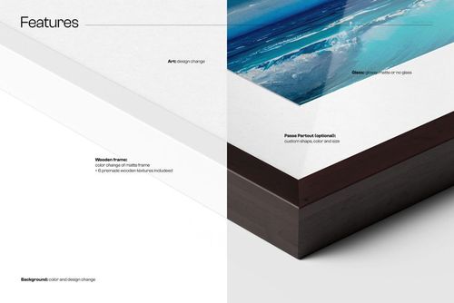 Closeup view of a solid wooden frame mockup featuring a matte white and dark brown border with ocean artwork inside.