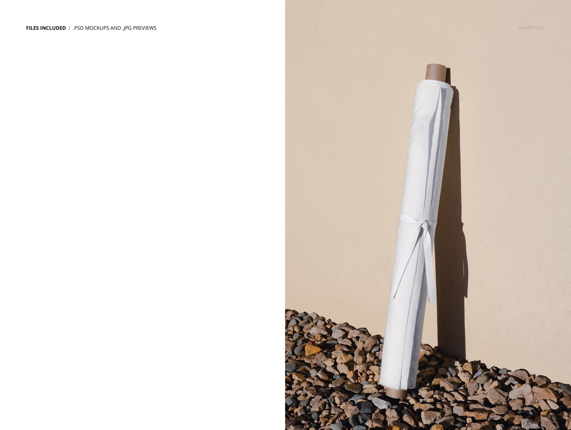 Outdoor scene showing a fabric roll mockup in white, positioned against a tan wall with rocky ground beneath.