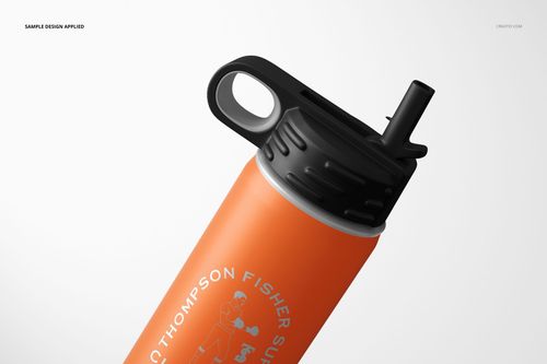 Mockup of a 20 oz. water bottle featuring a matte orange finish, black spout lid, and white printed design.
