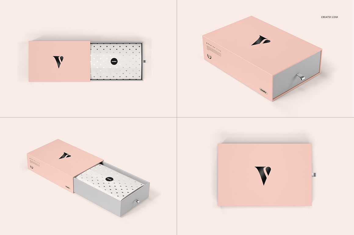 Rectangular gift box mockup in soft pink and white, shown from multiple angles with drawer partially open.