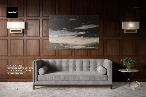 PSD mockup of a stylish living room scene showing a velvet sofa, large canvas art, wood paneling, and a round side table with a plant.