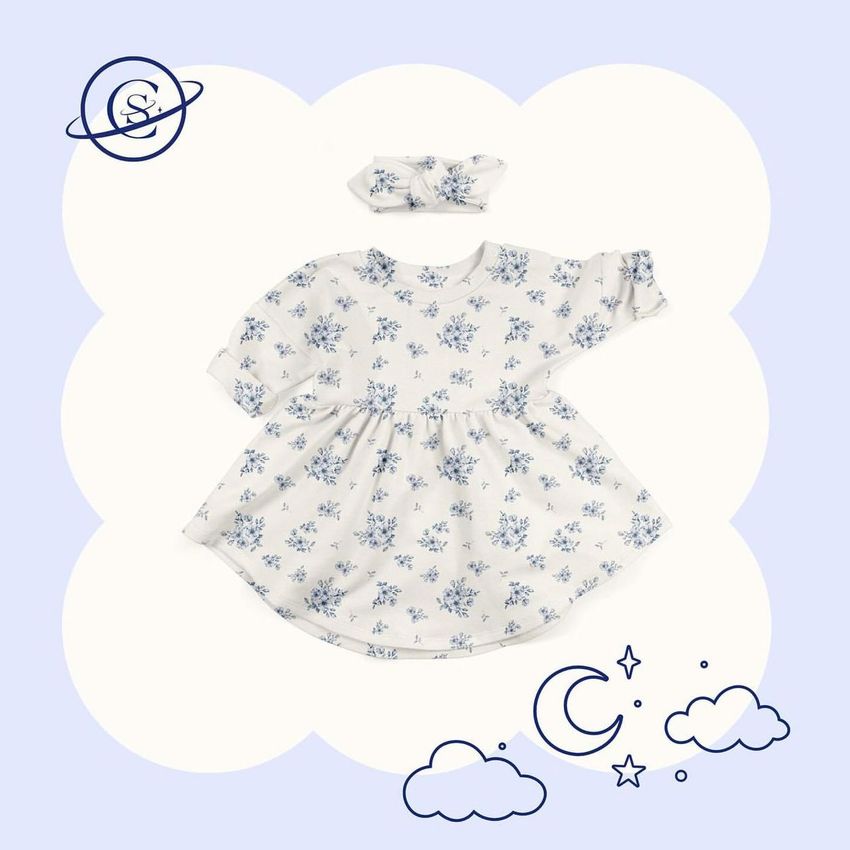 Baby jersey dress mockup with blue floral pattern and matching headband, displayed on a light background with cloud and moon graphics.
