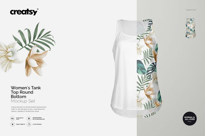 Front view of a women's tank top mockup with a round hem, decorated with green leaves and cream flowers on white.