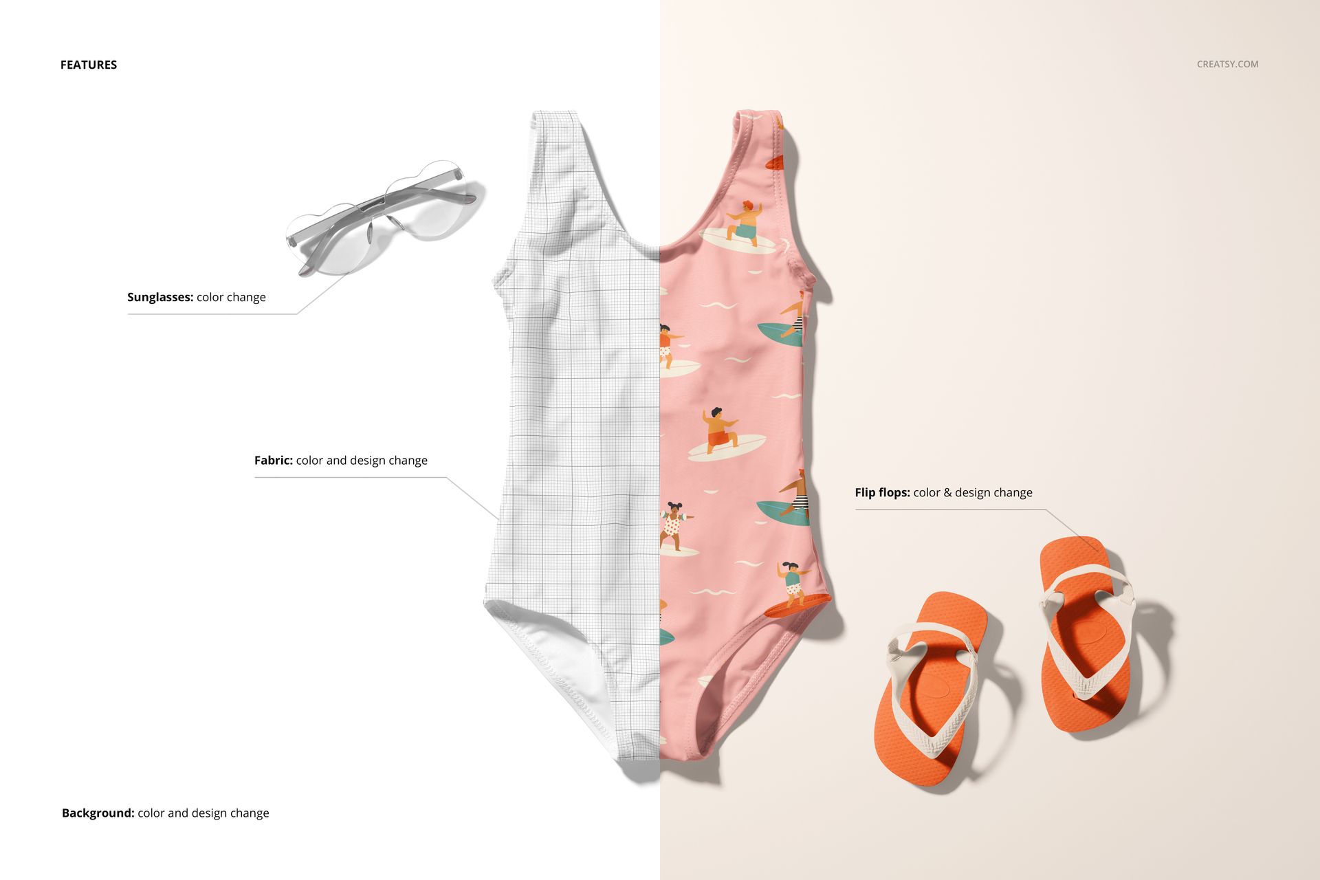 Baby swimsuit mockup set showing a front view of a pink swimsuit with summer patterns, orange flip-flops, and sunglasses on a split background.